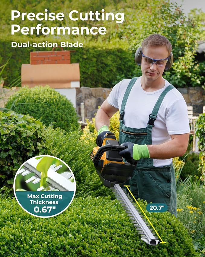 20'' Hedge Trimmers Cordless with Battery, 3000RPM Brushless Electric Bush Clipper with 2pcs 2000mAh Rechargeable Batteries, 180° Rotatable Head, 2/3'' Blade Gap Yellow,Gifts for Father’s Day