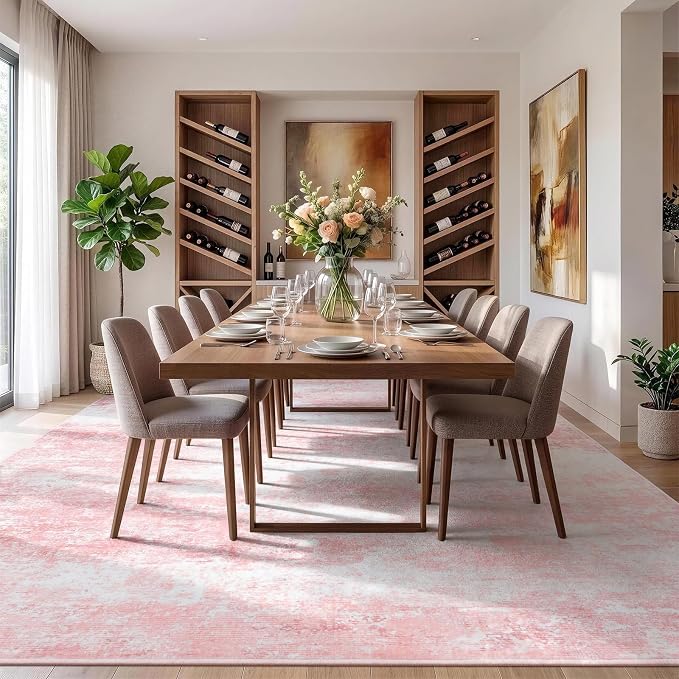 8x10 Area Rug for Living Room, Abstract Washable Large Rugs,Dusty Pink | Neutral Carpet for Bedroom, Dining Room, Home Office Nursery Indoor, Stain Resistant, Low Pile, Non-Shedding Modern Rug