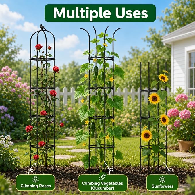 OTOSUNNY Garden Obelisk Trellis for Climbing Plants Outdoor, 6 ft Tall Trellis for Roses Clematis Jasmine Ivy Flower Light Climbing Vines Potted Plant Support, Patio, Yard, Black, 1PCS