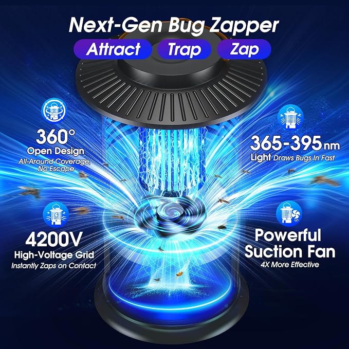 Bug Zapper Outdoor, 2-in-1 Mosquito Zapper with Attraction Light & Airflow Trap, 12H Long-Lasting Rechargeable Cordless Fly Zapper, Auto ON/Off, IPX5 Waterproof or Patio, Camping, Garage