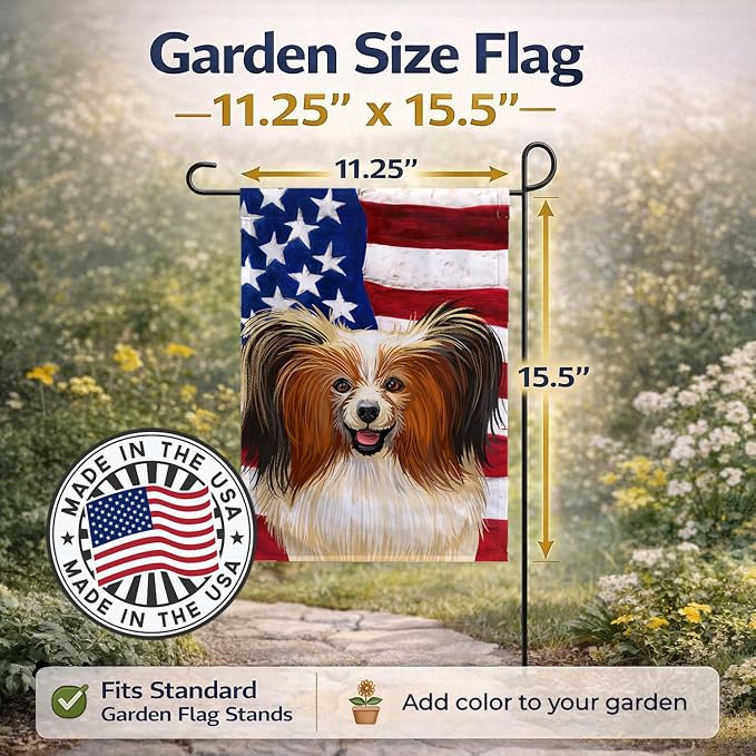 Caroline's Treasures CK6642GF Phalene Dog American Flag Garden Flag Mailbox Flag Decorative Yard Flag Banner Outside Patio Artwork Yard Flower Beds, Garden Size, Multicolor