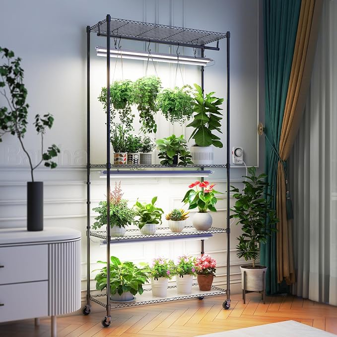 Barrina CX3 Plant Stand with Grow Light, 4-Tier, 3FT 5000K, 108W Full Spectrum Indoor DIY Plant Shelf with Lights, Flower Pot Display Rack, Greenhouse, Wheel, Mechanical Timer, 35.4"x13.8"x70.9"