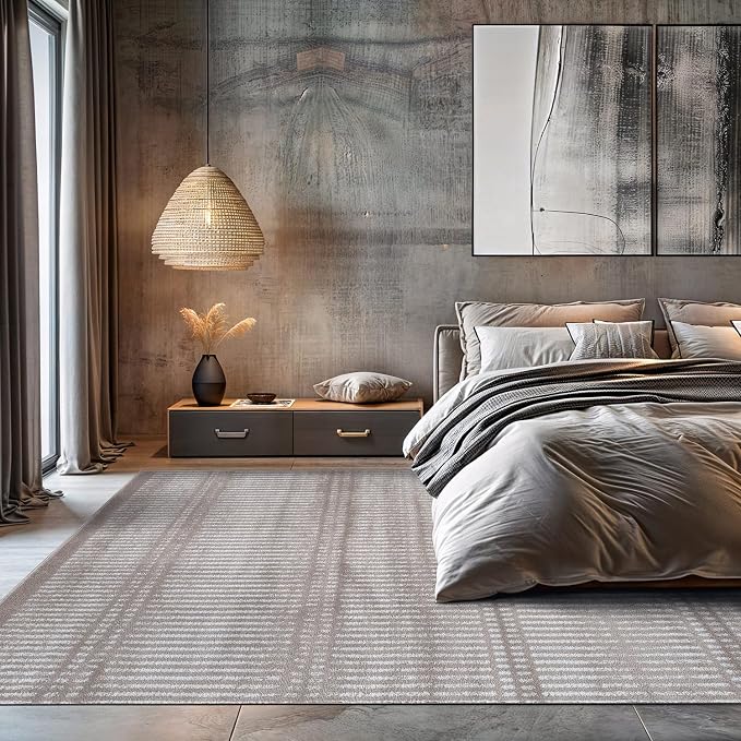Rugshop Contemporary Stripe Lines High Traffic Area Rug Beige 7'10" x 10' | Rectangular, Size 7'10" x 10', Living Room, Bedroom, Dining Room, Home Office, Kitchen, Entryway, Hallway, Nursery, Kids Room