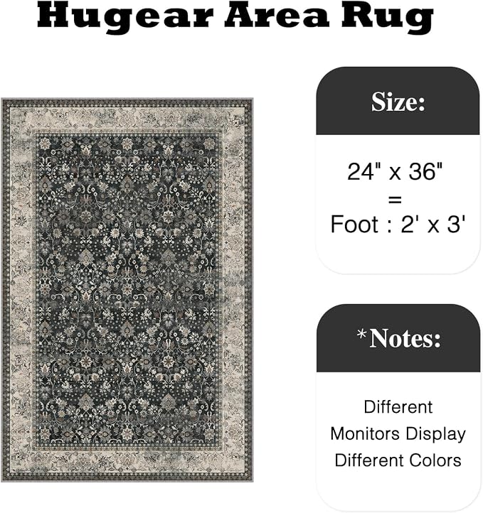HUGEAR 2x3 Entryway Rug Machine Washable Area Rug Black Beige Small Rugs Door Mat Indoor Accent Carpet Floral Low Pile Distressed Throw Rugs Kitchen Office Non Slip