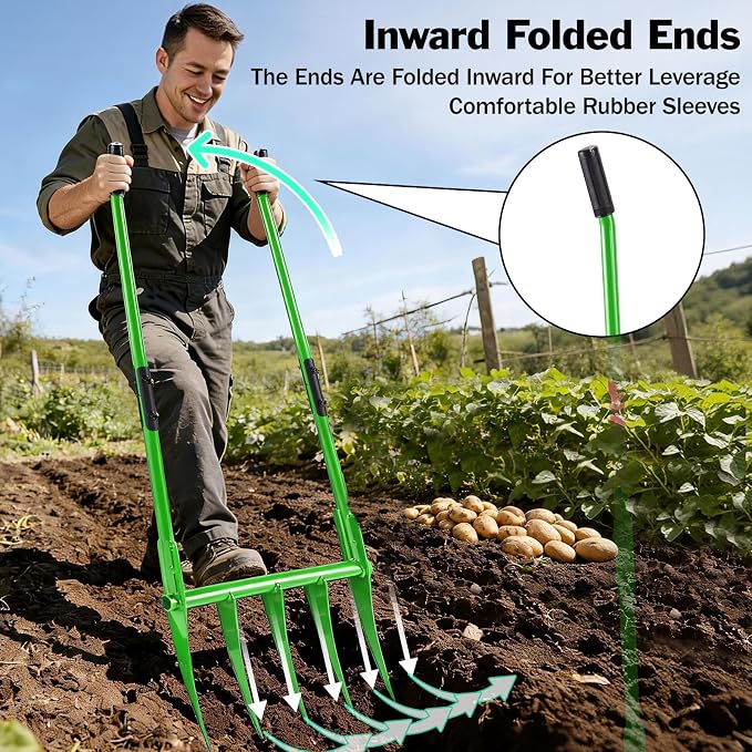 56'' Heavy Duty Broadfork for All the Soils, Unbreakable Pitchfork, 5 Sharp Cambered 11'' Tines Bord Fork Garden Tool, Ergonomic Handles, Good Package, Easy Assembly, Cultivator & Tiller, Green.