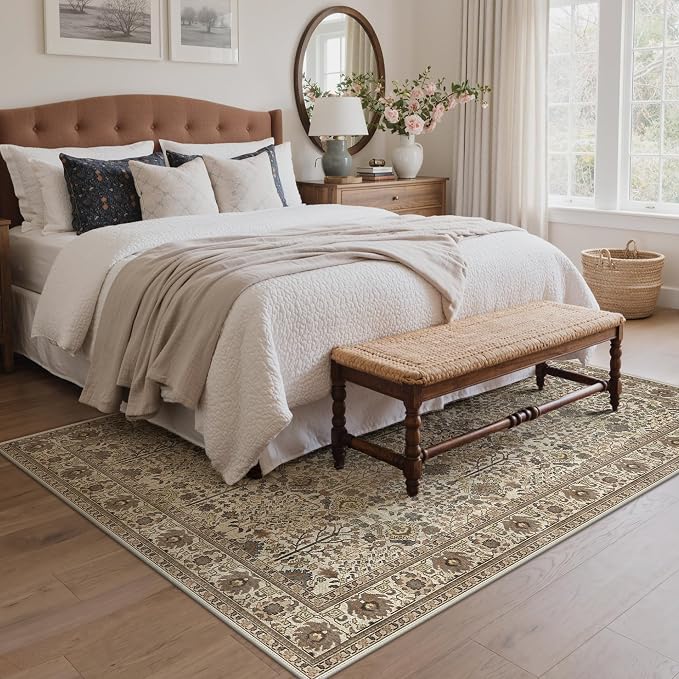 3x5 Area Rug for Living Room, Washable Low Pile, Dark Espresso | Vintage Distressed Design, Spill Resistant Lightweight Non-Shedding Carpet for Bedroom, Dining Room, Office