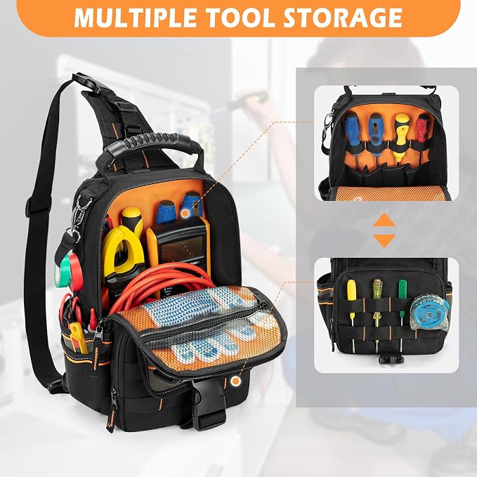 Electrician Tool Pouch Bag, Zippered HVAC Tool Organizer | Heavy-Duty Canvas Fabric, Ergonomic Handle, Removable Shoulder Strap, Ideal for Maintenance Repair Technician