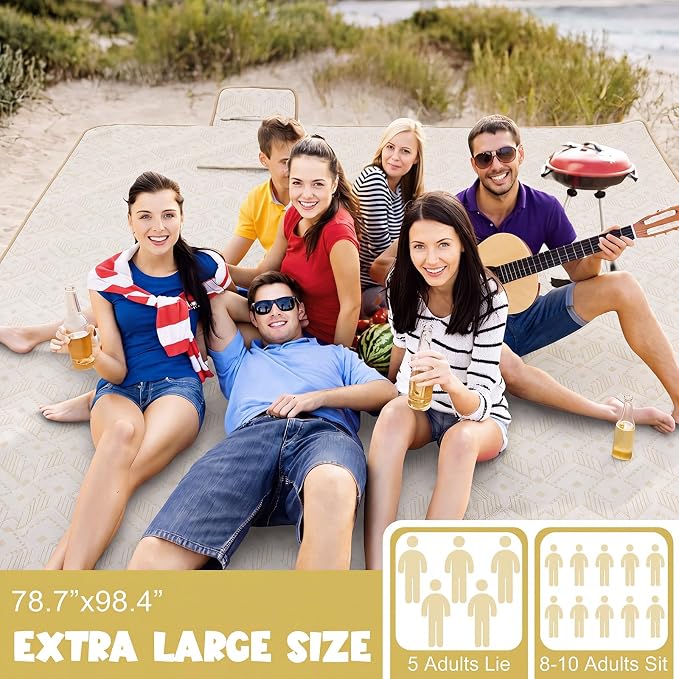 80" x 100" Extra Large Picnic Blankets Beach Mat Sandproof Waterproof Foldable Oxford Blanket Beach Mat Picnic Stuff for Family Camping Hiking Party Park Grass(Yellow and White,Boho)
