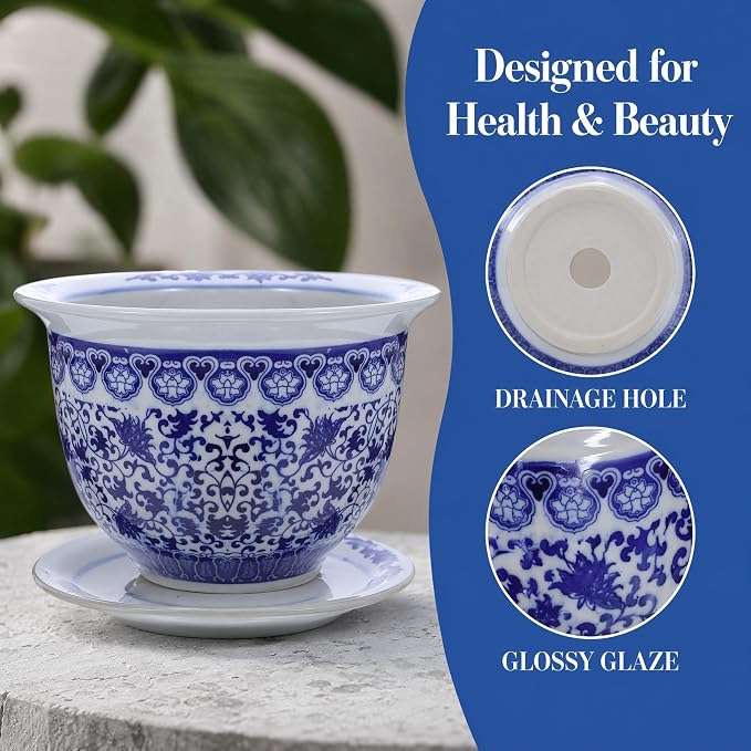 Blue and White Flower Pot with Drain Hole, Blue and White Planter Ceramic Ceramic Decorative Flower Pot Chinoiserie Planter, Diameter 6.7 inch