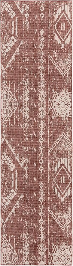 Unique Loom Outdoor Bohemian Collection Area Rug - Anthro (3' 3" x 12' Runner, Rust Red/ Ivory)
