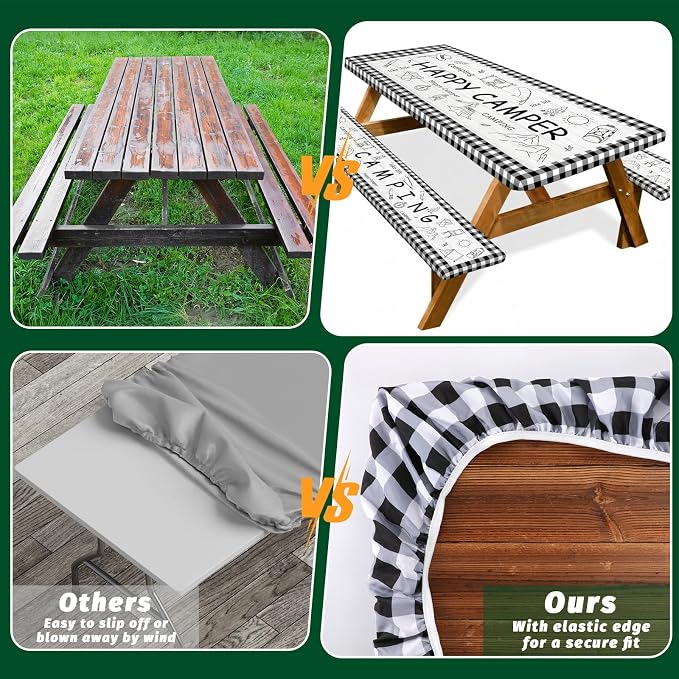 Picnic Table Cover with Bench Covers Elastic Edges Outdoor Camping Essentials 4 Pcs Plaid Waterproof Oil-Proof Tablecloth with Handbag for RV Accessories Farmhouse Camping Rustic Party Decor 72 IN