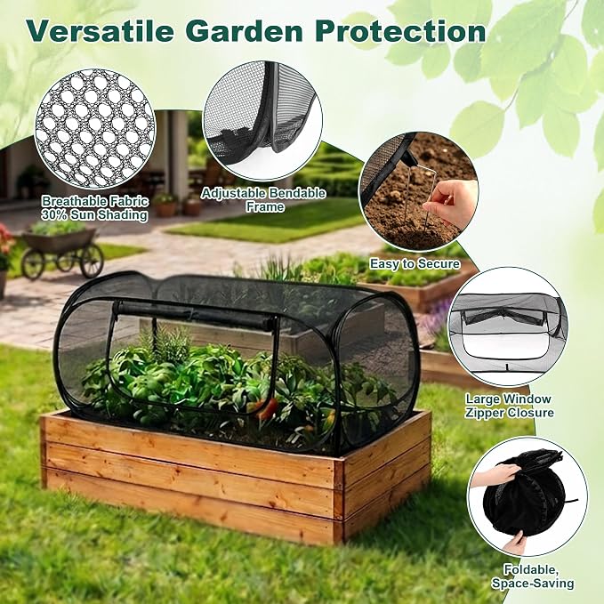 2Pack Raised Garden Bed Covers, Pop-Up Mesh Plant Shade Cover, 30% Sunblock Plant Shade Tent, Foldable Garden Netting Crop Cage for Vegetables Against Birds, Insects, 16 Stakes, Black-45"X22"X17.7"