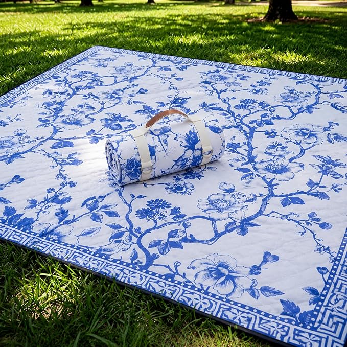 Newwiee 80 x 80 Inch Blue and White Floral Picnic Blanket Extra Large Outdoor Chinoiserie Picnic Mat with Carry Strap Waterproof Sandproof Blanket Foldable Portable for Beach Camping Grass Lawn Park