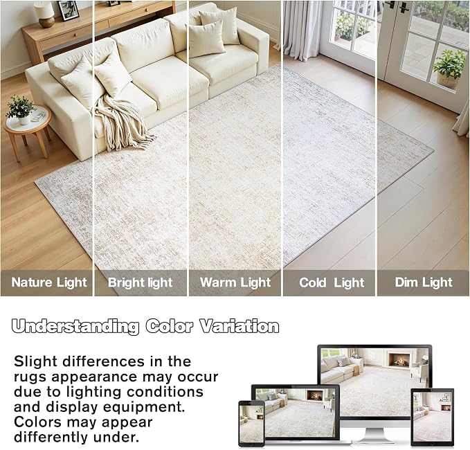 Washable 5x7 Abstract Beige Area Rugs for Living Room | Large Modern Neutral Rugs Soft Non Slip Stain Resistant Low Pile Carpet Dining Room Bedroom Indoor Nursery Home Office