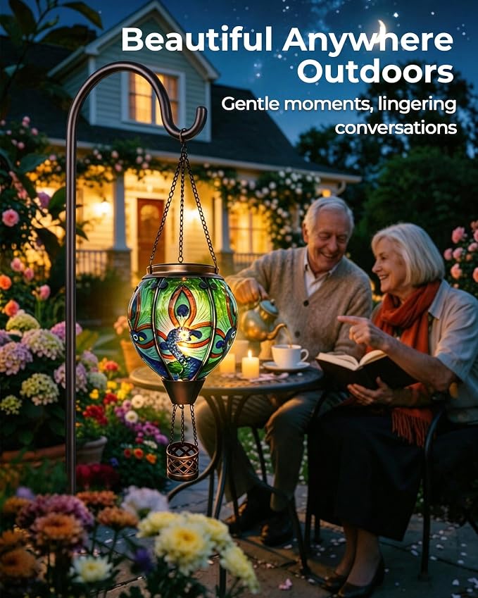 Hot Air Balloon Solar Lantern with Flickering Flame, Glass Hanging Garden Lights Outdoor Waterproof for Tree Yard Patio Mother's Day Gift (Peacock)