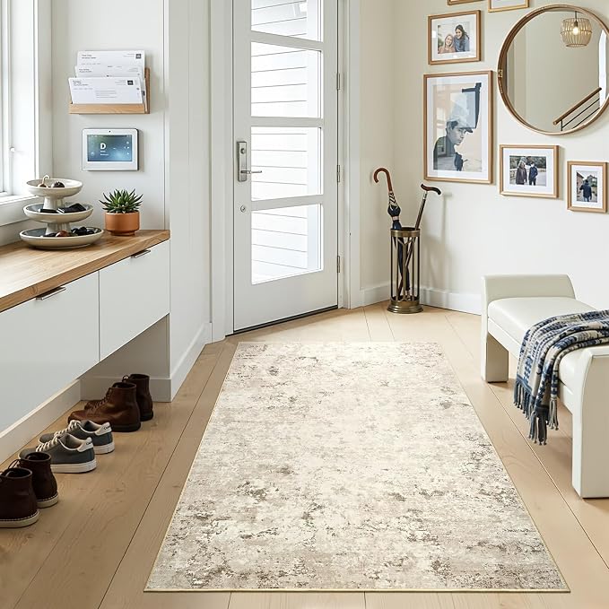 Toneed 3x5 Washable Non Slip Abstract Area Rugs for Bedroom Living Room | Soft Modern Low Pile Rug for Kitchen Hallway Office,Indoor Carpet for Kids Nursery Home Decor, Beige