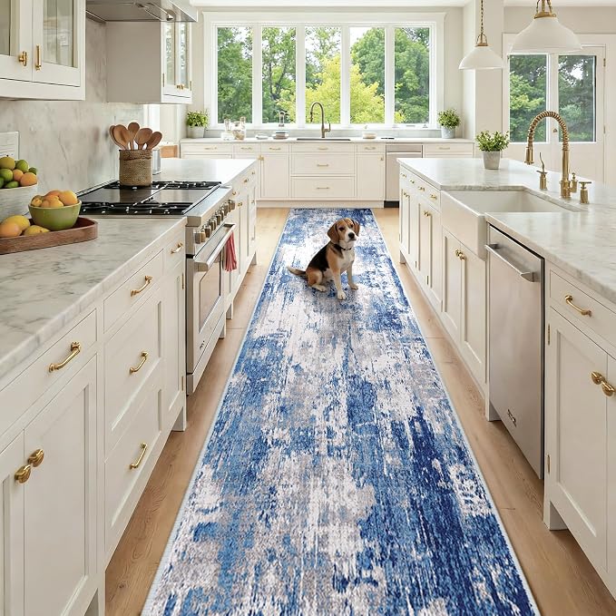 RELEANY Washable Runner 2'6"x14' Abstract Area Rug for Hallway Blue Gray | Carpet for Kitchen, Entryway, Bathroom, Living Room, Bedroom, Printed Pattern, Non‑Slip, Soft, Stain‑Resistant, Easy to Clean
