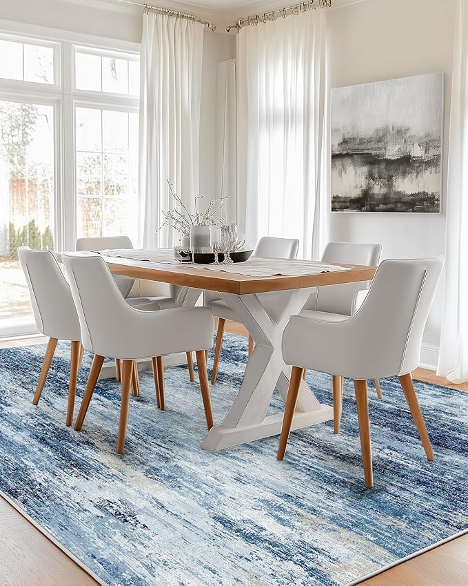 6x9 Area Rugs for Living Room, Modern Abstract Washable Rug with Non-Slip Backing & Low Pile Indoor Carpet for Nursery Room, Bedroom and Dinning Room, Blue