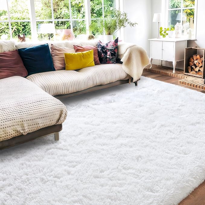 8x10 Area Rugs for Living Room, Large Ultra Fluffy Fuzzy Shag White Rug for Bedroom, Modern Plush Soft High Pile Upgrade Non-Slip Carpet for Kids Girls and Boys, Dorms, Home Decor Aesthetic