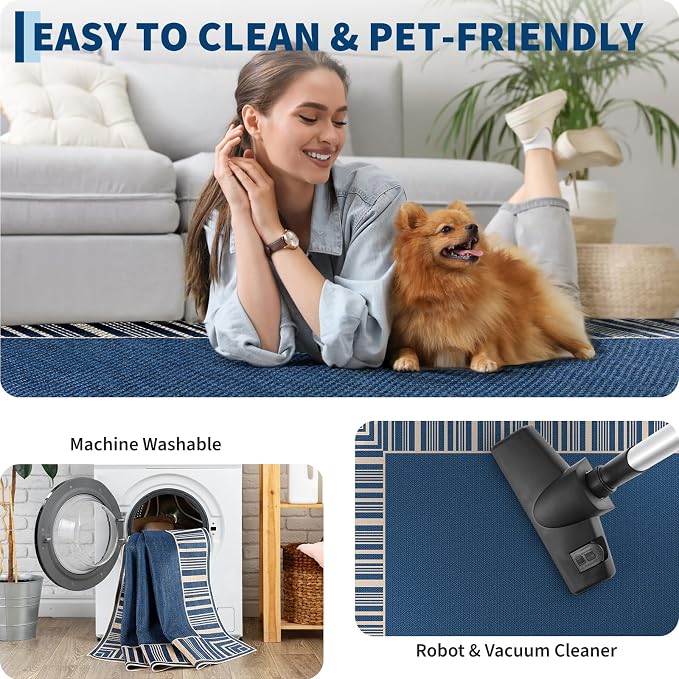 COZYLOOM Indoor Outdoor Rugs 8x10 Modern Easy Jute Washable Area Rug, Blue | Non Slip Neutral Bordered Non Shedding Stain Resistant Foldable Rug for Living Room Dining Room Bedroom Patio Backyard