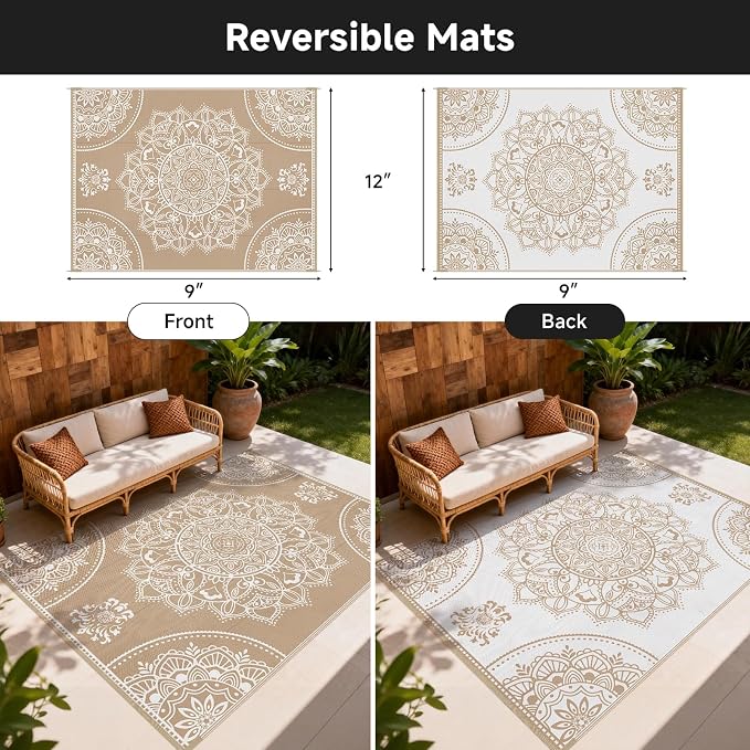 Pauwer Waterproof Outdoor Rug 9x12, Reversible Plastic Straw Patio Camping Rug, Indoor Outdoor RV Mat Carpet for Deck, Camper, Porch, Balcony, Backyard, Picnic, Floral Brown