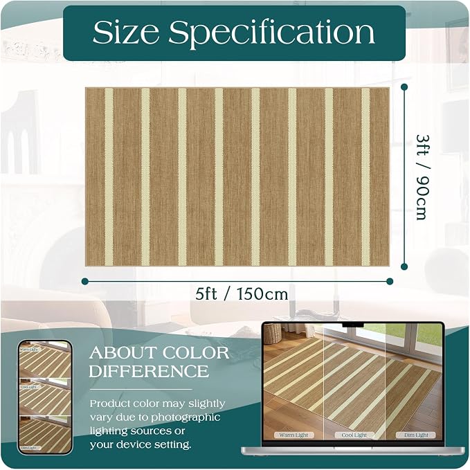 Striped 3x5 Entry Rug, Washable Indoor Outdoor Mats for Front Door | Non-Slip Porch Rug Tan Beige Cottage Farmhouse Small Rugs for Living Room Bedroom Entryway Kitchen Mudroom Office Porch Decor