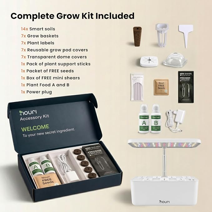 Nouri Hydroponics Growing System, 7 pod Smart Indoor Herb Garden Kit with LED Grow Lights, Hydroponic Herb Garden Indoor for Plant Lovers, Gardeners, Kitchen, Basil Seeds Included