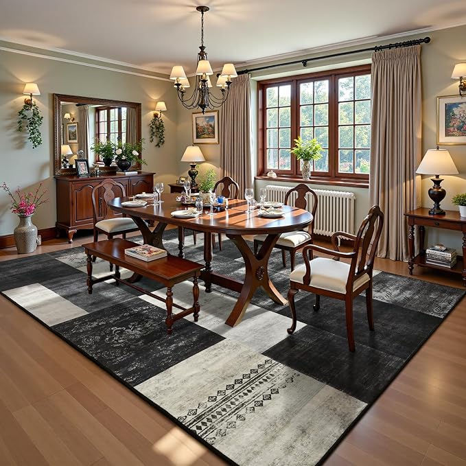 Washable Area Rugs 4x6 for Living Room, Modern Geometric Black White Soft Patchwork Carpet, Non-Slip Stain Resistant Throw Rug for Bedroom Dining Room Office Home Decor