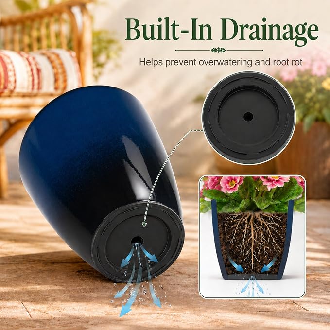 Neoaider Set of 3 Tall Planter, 24/21/12in Large Plastic Planter, Dark Blue | Ceramic-Look, Lightweight, Built-in Drain Hole, Saucers, Tall Outdoor Planter for Porch, Garden, Patio, Balcony