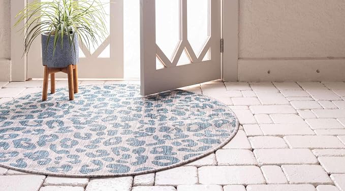 Unique Loom Outdoor Safari Collection Area Rug - Leopard (4' 1" Round, Teal/ Ivory)