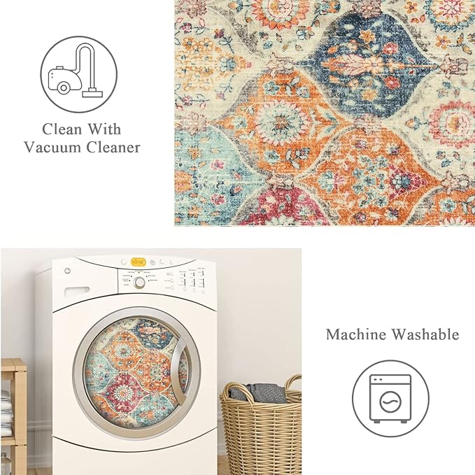 Lahome Moroccan Trellis Hallway Rug, 2x5 Washable Runner Rug Non Slip Kitchen Runners for Hallways, Ultra-Thin Vintage Carpet for Bedroom Bathroom Entryway Elise, Cream/Multi