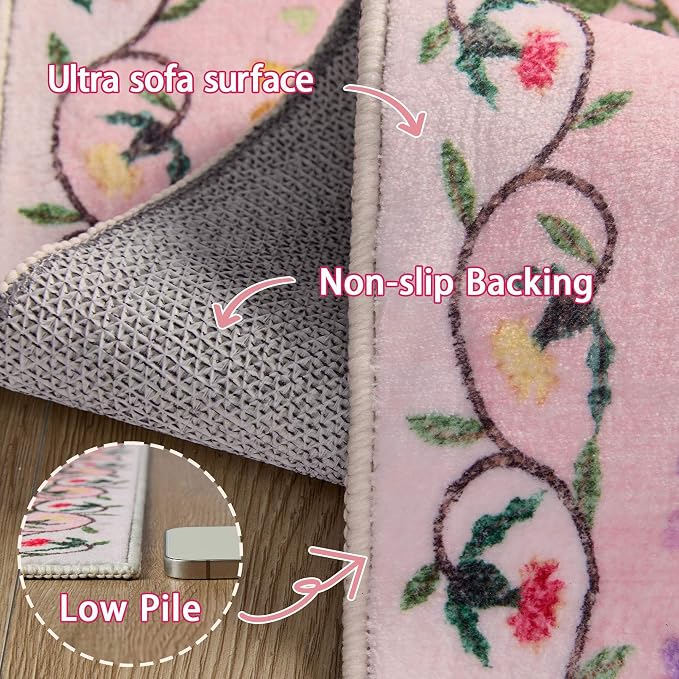 Latte&Fog 8x10 Area Rugs for Living Room Washable Large Floral Pink Rugs | Non Slip Low Pile Soft Cute Carpet for Girls Bedroom Dining Kitchen Kids Playroom Nursery Classroom Dorm Farmhouse Office