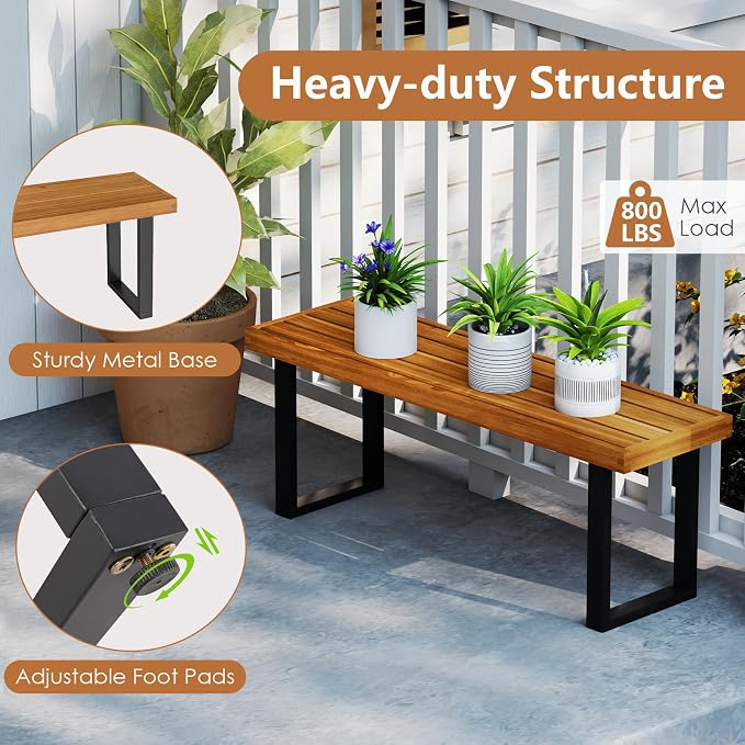HAPPYGRILL Acacia Wood Bench for 2 People, Outdoor Dining Bench with Metal Legs & Adjustable Foot Pads, for Entryway, Garden, Poolside, Balcony, 800 LBS (2)