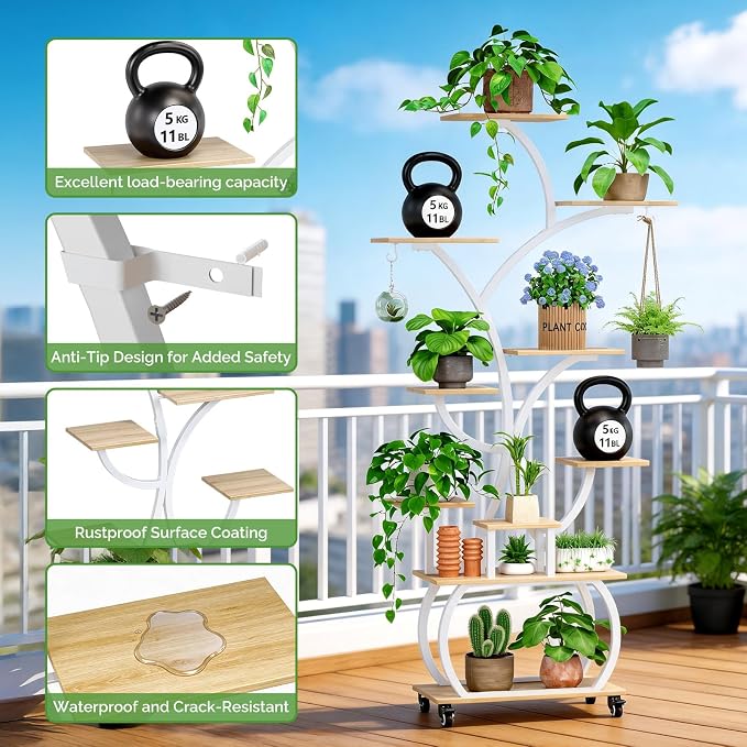 VINGLI Plant Stand Indoor with Growing Lights, 61" Tall Plant Stand with Full Spectrum LED, 10-Tier Tree-Shaped Indoor Plant Shelf, Movable Decorative Plant Rack for Living Room, Balcony & Office, White and Oak