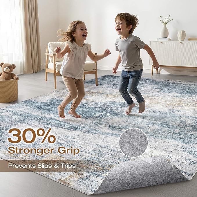 LOONGRUG 9x12 Area Rug Washable Neutral Modern Living Room Rug Blue Gold | Abstract Soft Stain Resistant Indoor Non-Slip Carpet for Bedroom Nursery Kids Office Playroom Dining Room