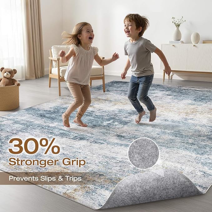 LOONGRUG 6x9 Area Rug Washable Neutral Modern Rug for Living Room Blue Gold | Abstract Soft Stain Resistant Indoor Non-Slip Carpet for Bedroom Nursery Kids Office Playroom Dining Room
