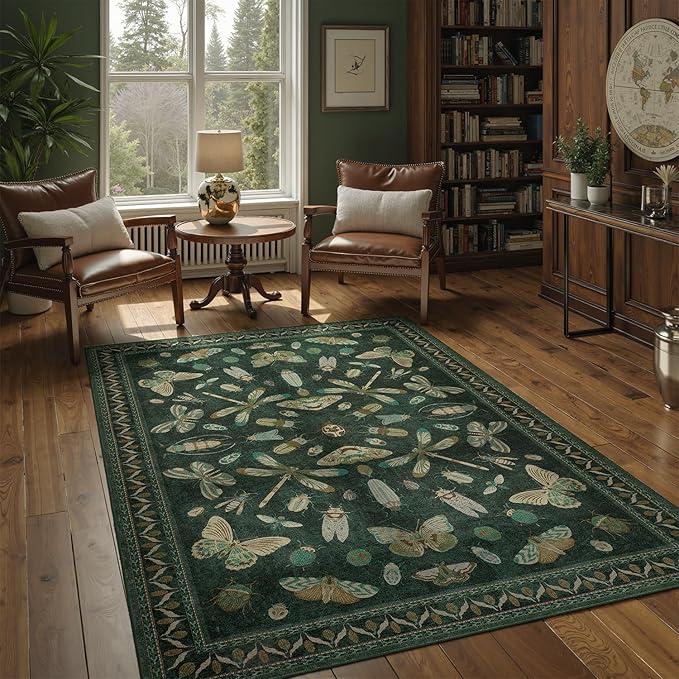 DCX 4x6 Washable Bug Rug for Living Room, Soft Low Pile Rug, Dark Green | Easy to clean, non-shedding, soft, kid & pet friendly, with a non-slip rubber backing for bedrooms, and nature-themed decor