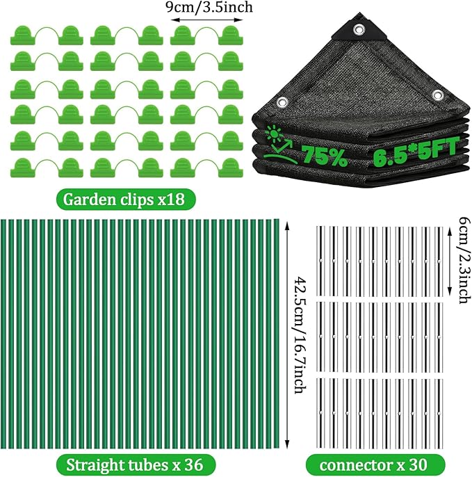 6.5 X 5FT 75% Garden Shade Cloth with Hoops, Plant Shade Cloth Garden Greenhouse Grow Tunnel for Heat Protection, Raised Bed Row Cover Black Netting Tarp for Outdoor Outside Patio Chicken Coops