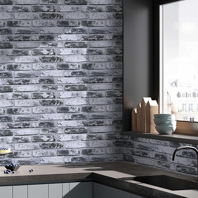 COMSTICKC 3D Gray Faux Brick Wall Panel, Peel and Stick Wall Covering, 12 Pcs of 22.8" x 11.8", Not Real Brick, UrltraLight PVC Self Adhesive Brick Decorative Tile,Paintable,Covers 22.48 sq.ft