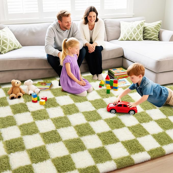 Checkered Rug 9x12 for Living Room, Ultra Fluffy Fuzzy Shag Large Area Rug for Bedroom, Modern Plush Soft Upgrade Non-Slip Carpet for Kids Girls and Boys Room Dorm Home Decor, Cream and Green