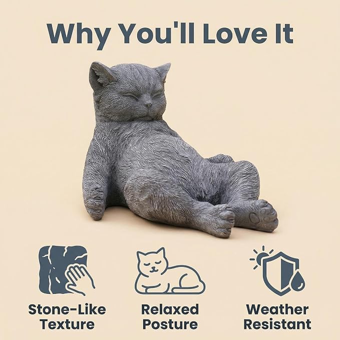 Cat Memorial Stone Garden Statue, Pet Statue Gifts for Loss of Cat Sympathy, Grave Markers for Garden Outdoor Decor, 9.8” L Weatherproof Lazy Tabby Figurine, Outdoor Patio Accent Yard Decoration