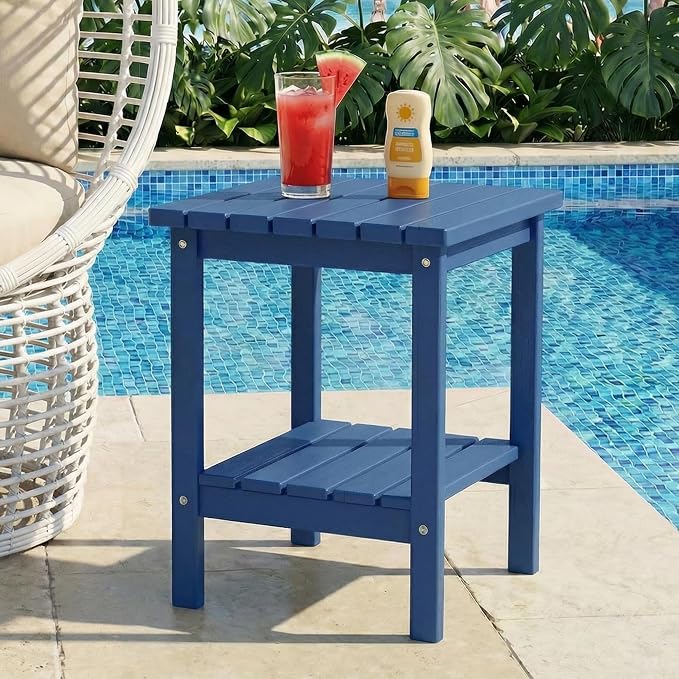 PASAMIC 2-Tier Adirondack Square Outdoor Side Table, HDPE Small Outdoor Table, Patio End Table for Patio, Pool, Backyard, Weather-Resistant (Navy Blue)