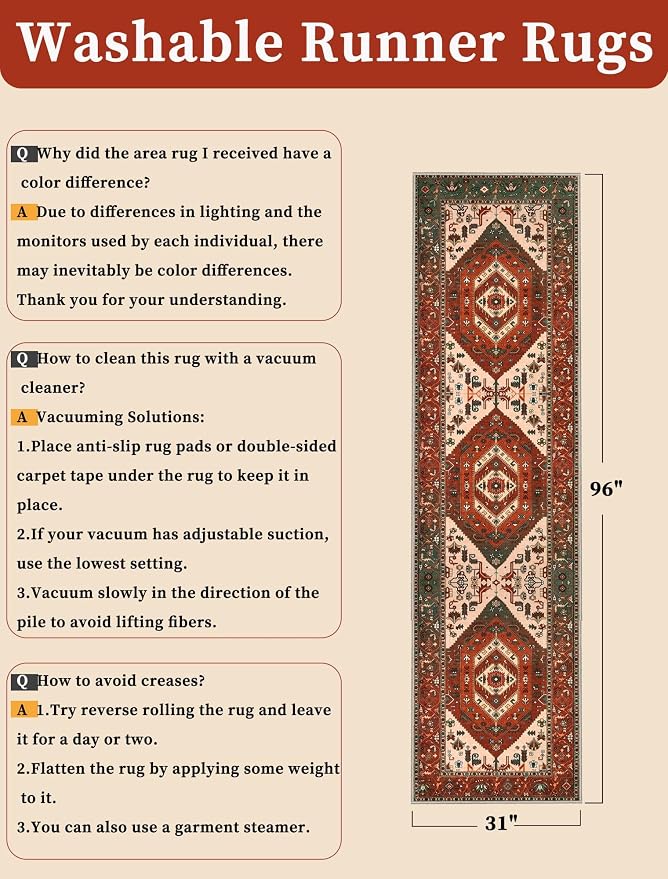 SERISSA 2'6"x8' Washable Non Slip Boho Runner Rug for Hallway | Ultra Soft Vintage Oriental Carpet Low-Pile Terracotta Green Floor Carpet for Kitchen Bedroom Bathroom Laundry Room
