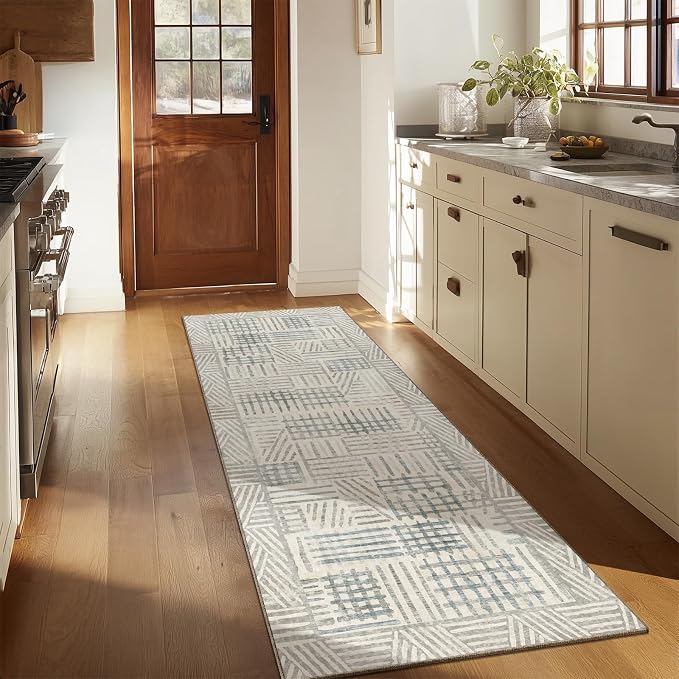Area Rug 2x6 Abstract Geometric Textured Brushstroke - Neutral Gray & Light Blue Modern Minimalist Hallway Runner Rug, Decorative Carpet for Living Room Bedroom Home Decor