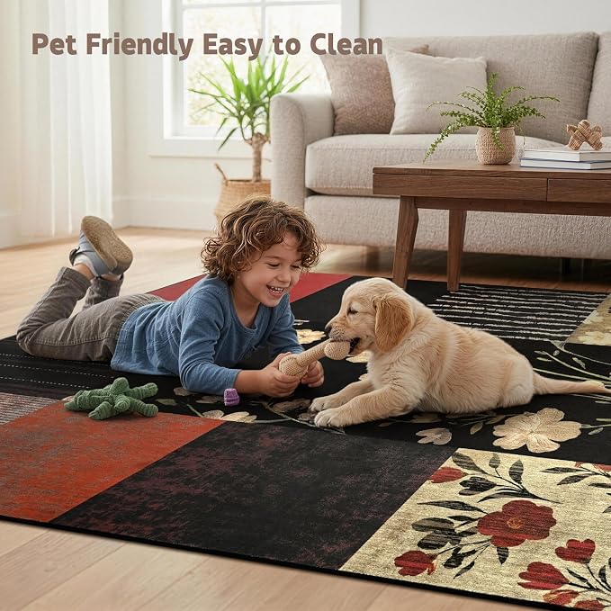 DweIke Floral Rugs for Living Room, 6x9 Washable Area Rug for Dining Room Farmhouse Office Bedroom Decor, Geometric Patchwork Stain Resistant Low Pile Indoor Floor Throw Rugs, Black Colorful