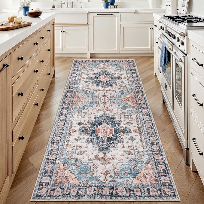 Tangsoo 2x6 Washable Runner Rugs for Hallway, Non Slip Vintage Rug Runners | Oriental Soft Low Pile Rug, Boho Print Carpet Runners for Kitchen Bedroom Entryway Bathroom Living Room Blue/Orange Decor