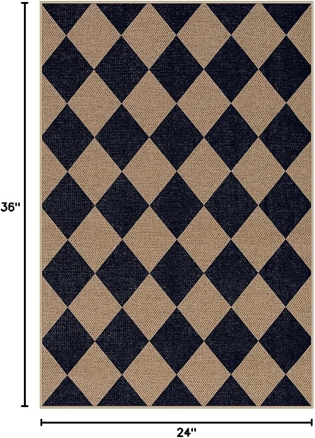 Lahome Colette Checkered Easy Jute Kitchen Rug, 2x3 Indoor Door Mat Small Neutral Area Rug, Farmhouse Diamond Non Slip Non Shedding Lightweight Floor Carpet for Entry Porch