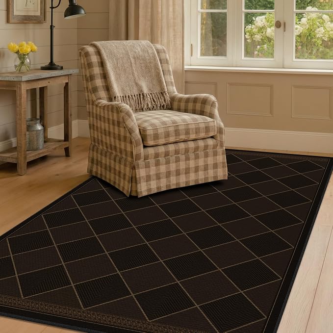 Dark Brown Diamond Checkered Easy Jute Rug Entryway 4x6, Non Slip Stain Resistant Checkerboard Area Rug, Low Pile Indoor Outdoor Carpet for Living Room, Porch & Office, Mid-Century Modern Style Decor