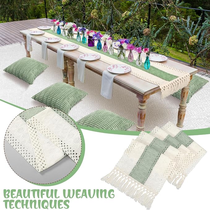 Beeveer 8 Pcs Sage Green Picnic Kit Extra Large Outdoor Boho Picnic Blanket 91x71'', Low Table Runner, 6 Throw Pillow Covers, Woven Cotton Yarn Oversize Washable Beach Blanket for Camp Wedding Garden