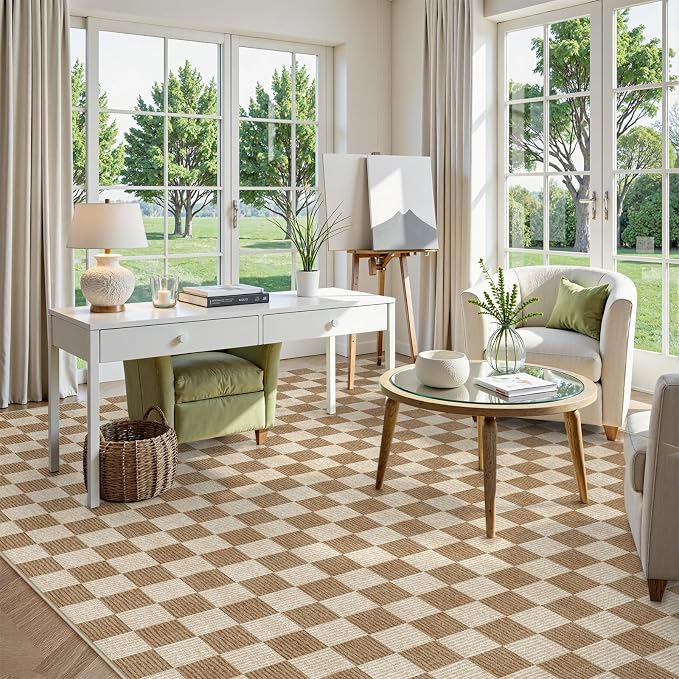 LIVEBOX 10x14 Area Rugs for Living Room, Checkered Non-Slip Washable Rugs, Farmhouse Neutral Classic Geometric Pattern Large Boys Area Rug for Bedroom, Carpet for Dining Room Office (Brown,10'x14')